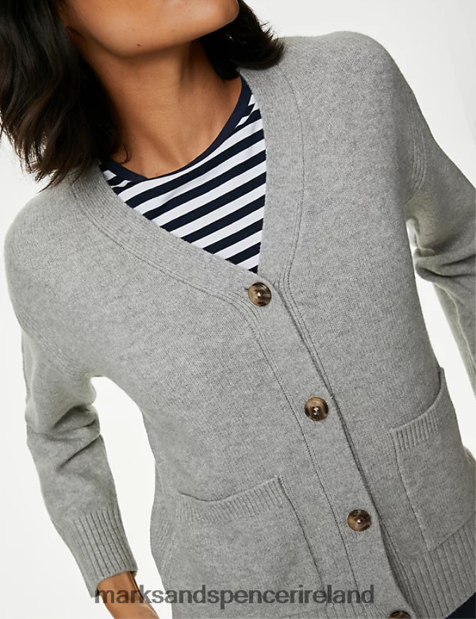 Marks & Spencer Women Recycled Blend V-Neck Button Front Cardigan Grey Marl Clothing 2VJ8DF456