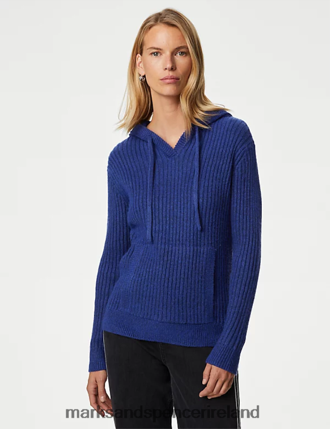 Marks & Spencer Women Ribbed V-Neck Hoodie Electric Blue Clothing 2VJ8DF247