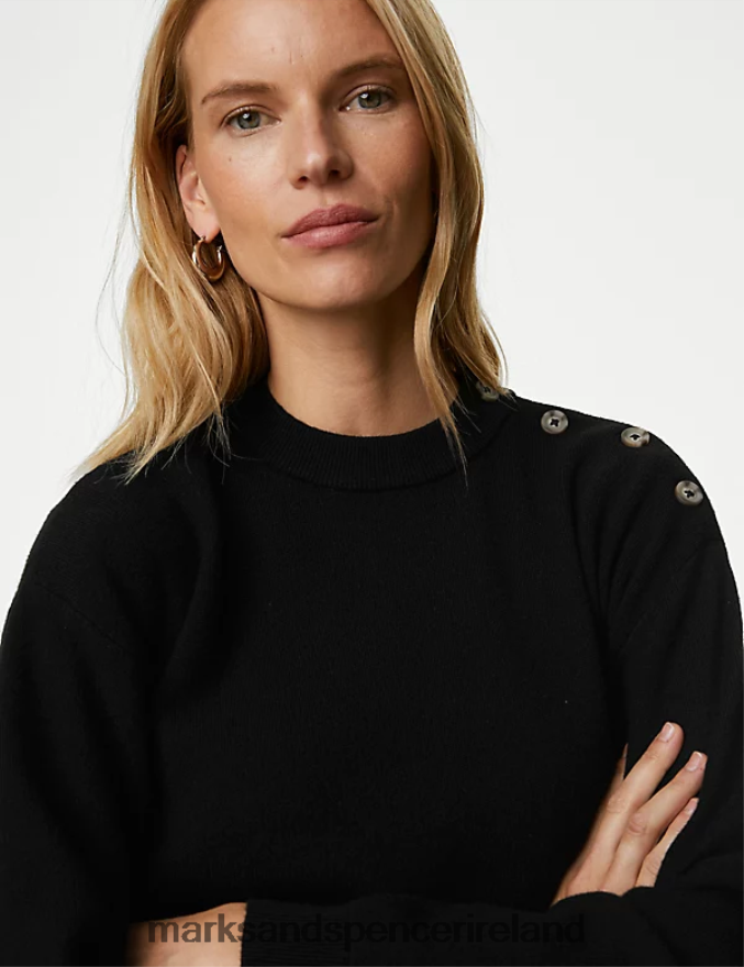 Marks & Spencer Women Soft Touch Crew Neck Button Detail Jumper Black Clothing 2VJ8DF1875