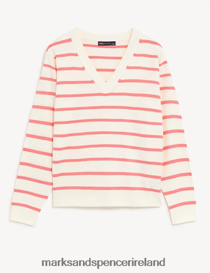 Marks & Spencer Women Supersoft Striped V-Neck Jumper Pink Mix Clothing 2VJ8DF2710