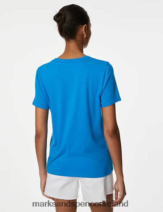 Marks & Spencer Women Cotton Modal Blend Slogan T-Shirt Blue Mix Clothing 2VJ8DF1242