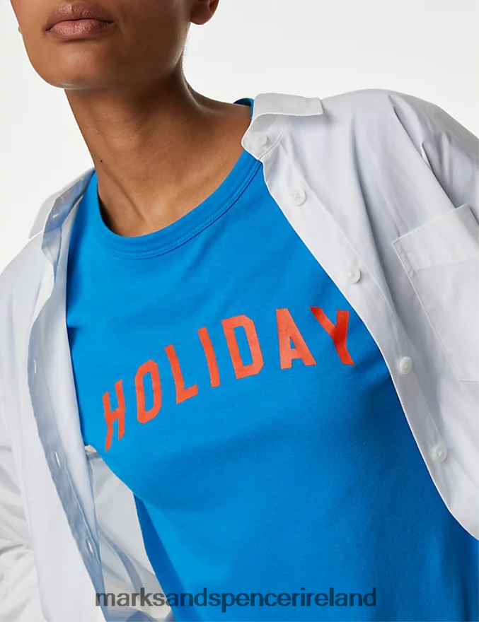 Marks & Spencer Women Cotton Modal Blend Slogan T-Shirt Blue Mix Clothing 2VJ8DF1242
