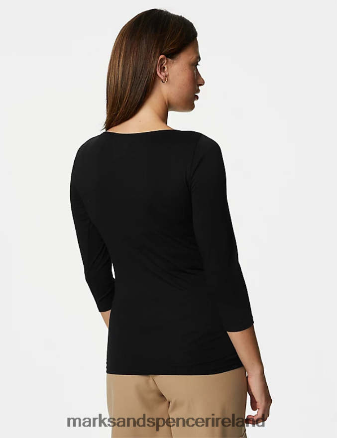 Marks & Spencer Women Cotton Rich Slim Fit 3/4 Sleeve T-Shirt Black Clothing 2VJ8DF1217
