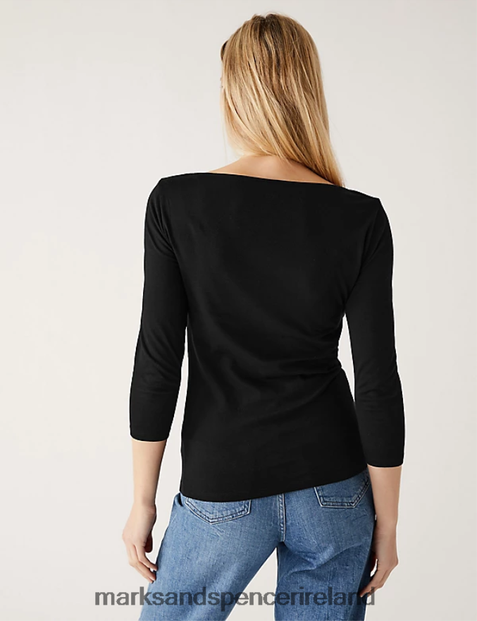 Marks & Spencer Women Cotton Rich Slim Fit 3/4 Sleeve T-Shirt Black Clothing 2VJ8DF1217