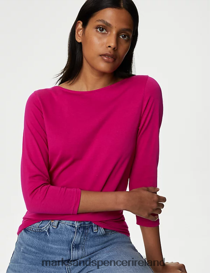 Marks & Spencer Women Cotton Rich Slim Fit 3/4 Sleeve T-Shirt Cerise Clothing 2VJ8DF1218