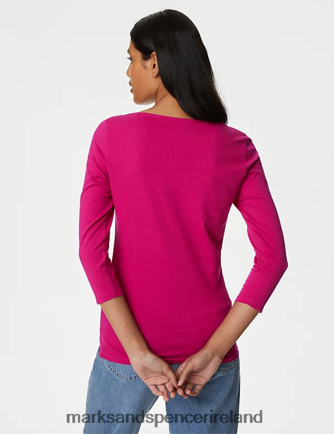 Marks & Spencer Women Cotton Rich Slim Fit 3/4 Sleeve T-Shirt Cerise Clothing 2VJ8DF1218