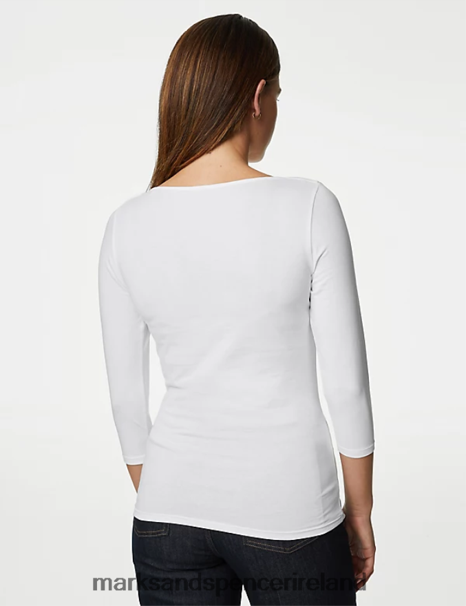 Marks & Spencer Women Cotton Rich Slim Fit 3/4 Sleeve T-Shirt White Clothing 2VJ8DF833