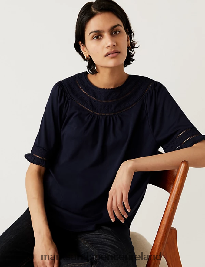 Marks & Spencer Women Jersey Lace Insert Top Navy Clothing 2VJ8DF1274