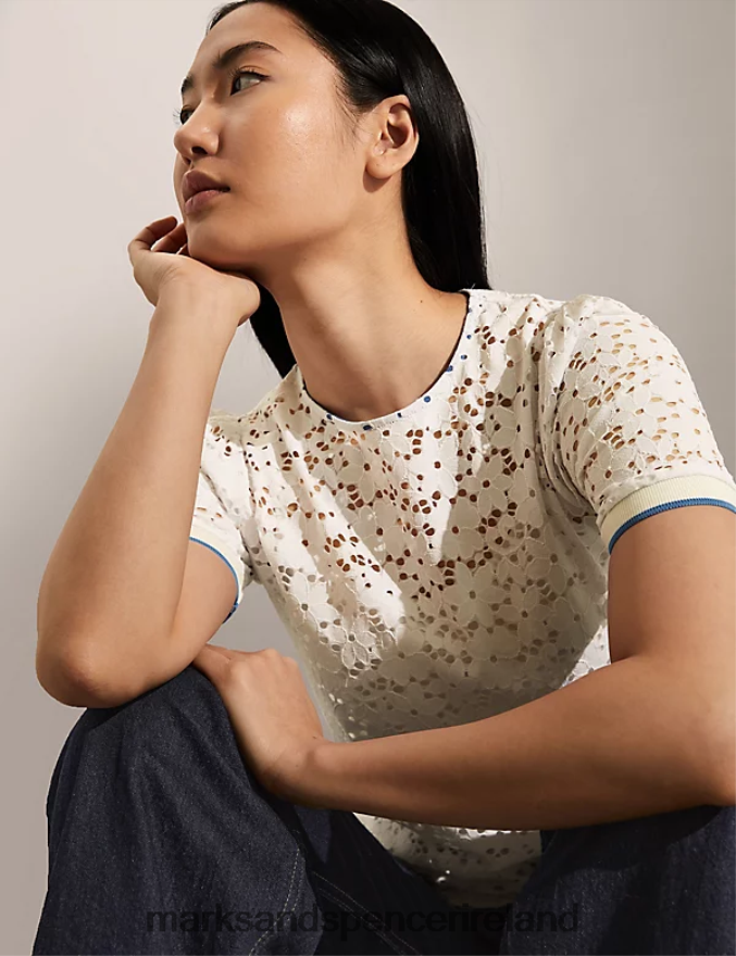 Marks & Spencer Women Lace T-Shirt Ivory Clothing 2VJ8DF2263