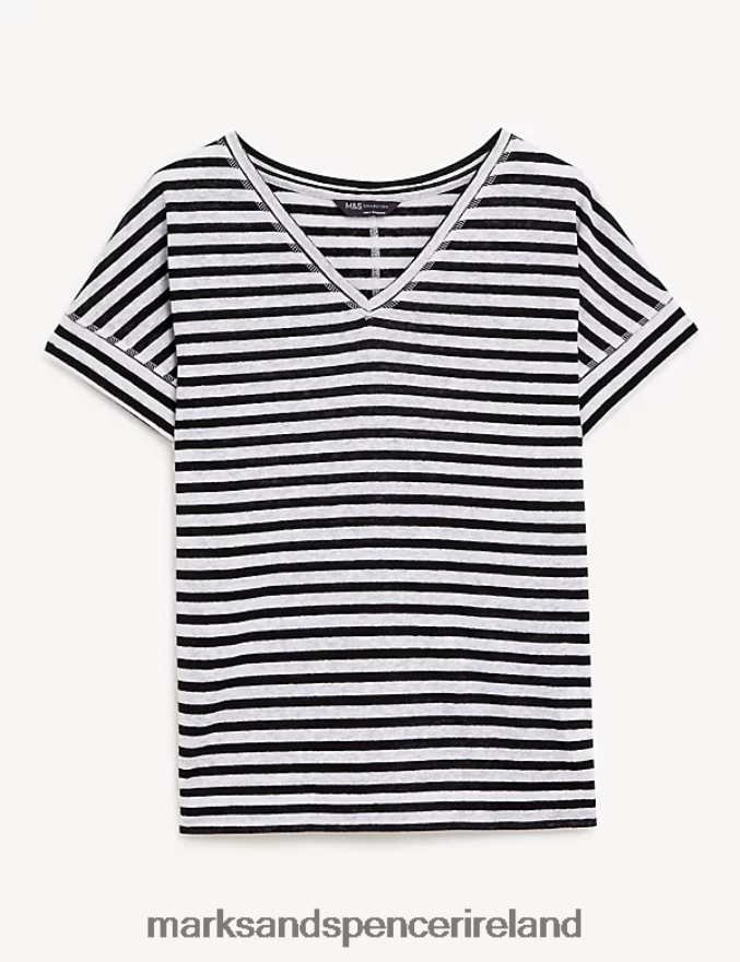 Marks & Spencer Women Linen Rich Striped V-Neck T-Shirt Black Mix Clothing 2VJ8DF2163
