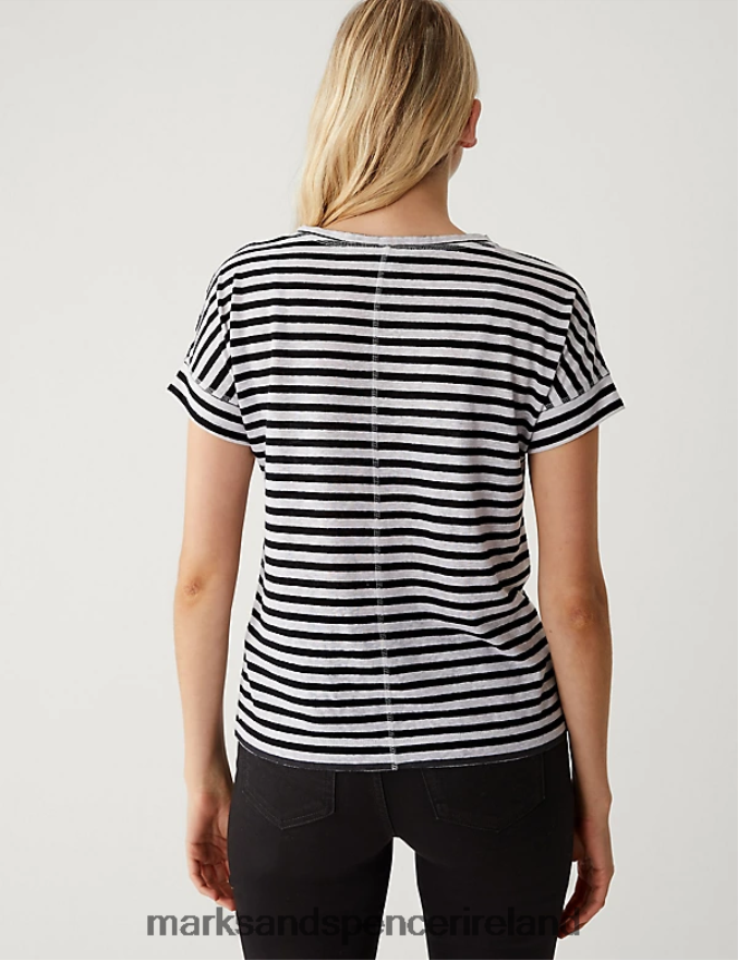 Marks & Spencer Women Linen Rich Striped V-Neck T-Shirt Black Mix Clothing 2VJ8DF2163