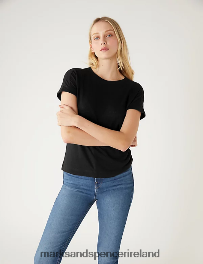 Marks & Spencer Women Linen Rich T-Shirt Black Clothing 2VJ8DF2477