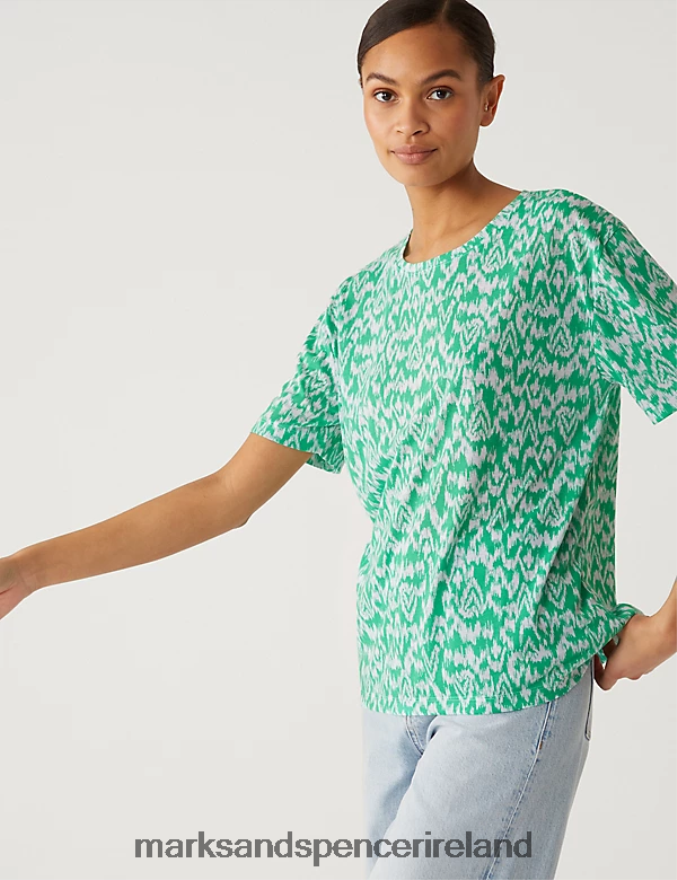 Marks & Spencer Women Printed Crew Neck Relaxed T-Shirt Light Green Mix Clothing 2VJ8DF963