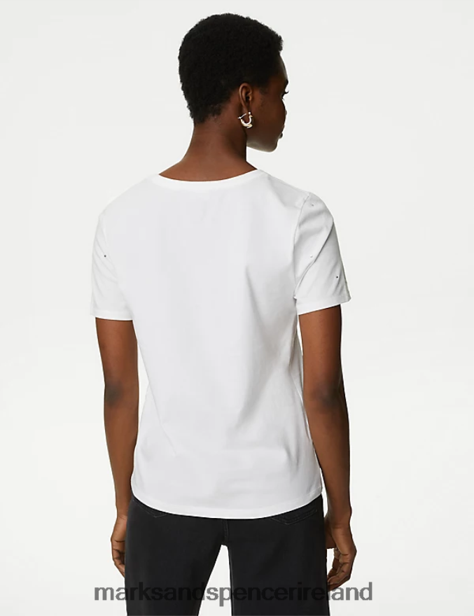 Marks & Spencer Women Pure Cotton Embellished T-Shirt Soft White Clothing 2VJ8DF683