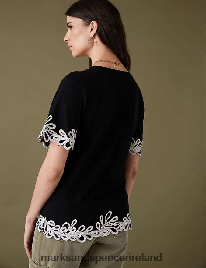 Marks & Spencer Women Pure Cotton Embroidered T-Shirt Black Clothing 2VJ8DF3319