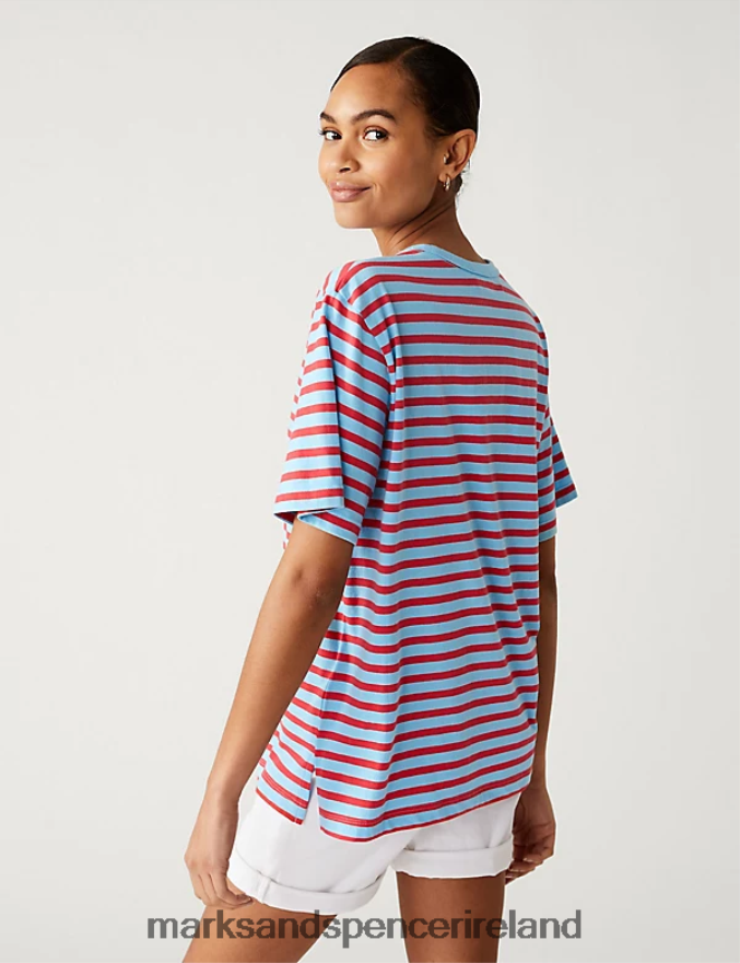 Marks & Spencer Women Pure Cotton Oversized Striped T-Shirt Blue Mix Clothing 2VJ8DF2378