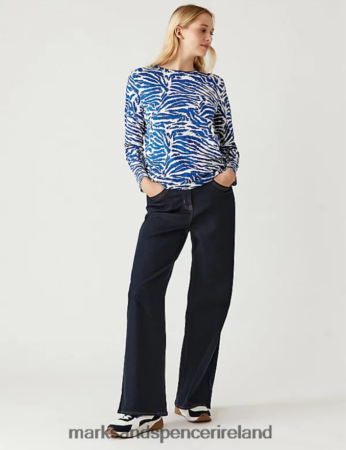 Marks & Spencer Women Pure Cotton Printed Crew Neck T-Shirt Blue Mix Clothing 2VJ8DF2770
