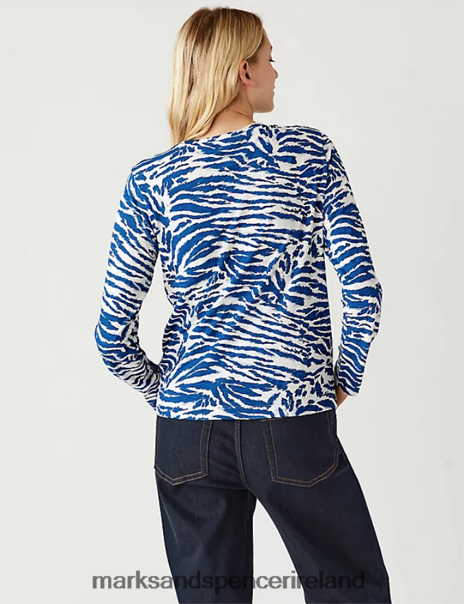 Marks & Spencer Women Pure Cotton Printed Crew Neck T-Shirt Blue Mix Clothing 2VJ8DF2770