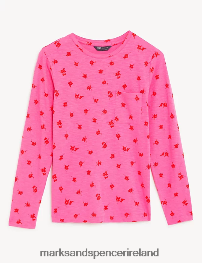 Marks & Spencer Women Pure Cotton Printed Crew Neck T-Shirt Medium Pink Clothing 2VJ8DF2384