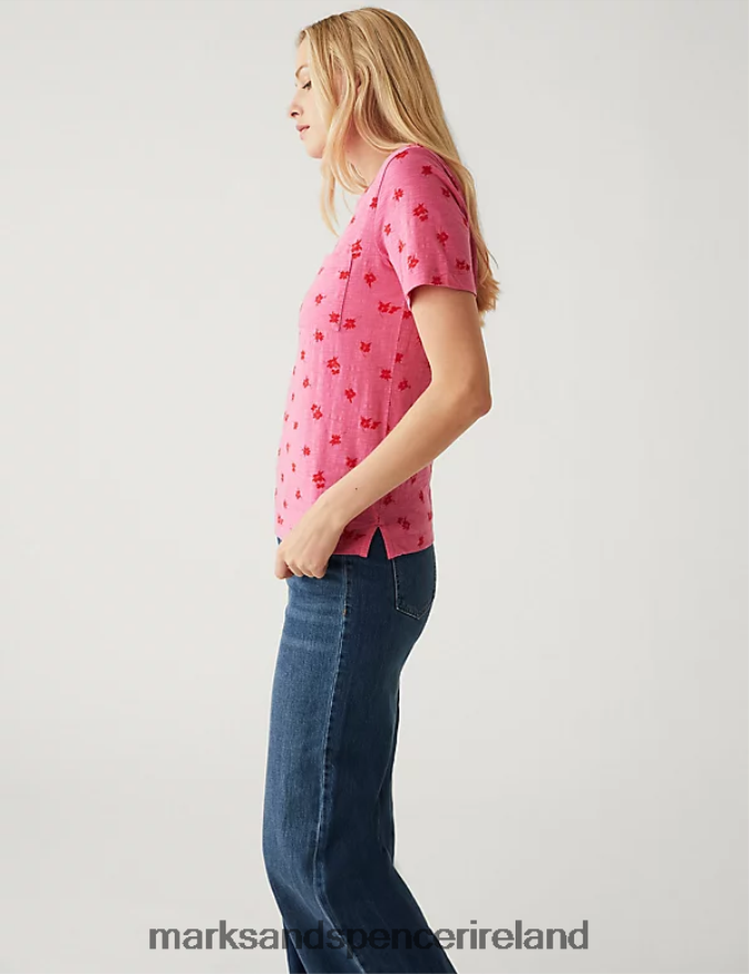 Marks & Spencer Women Pure Cotton Printed Pocket T-Shirt Pink Mix Clothing 2VJ8DF2075