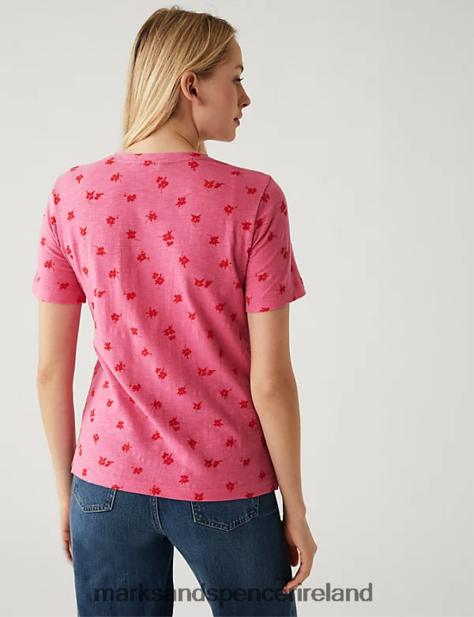 Marks & Spencer Women Pure Cotton Printed Pocket T-Shirt Pink Mix Clothing 2VJ8DF2075