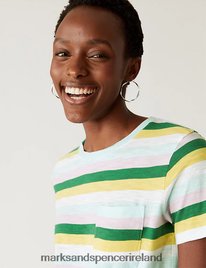 Marks & Spencer Women Pure Cotton Striped Pocket T-Shirt Multi Clothing 2VJ8DF2066