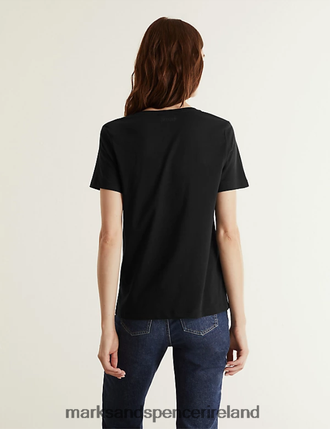 Marks & Spencer Women Pure Cotton V-Neck T-Shirt Black Clothing 2VJ8DF2418