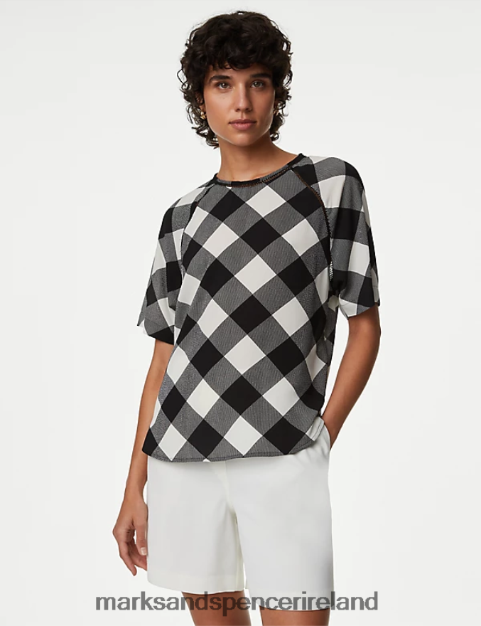 Marks & Spencer Women Checked Top Black Mix Clothing 2VJ8DF1434