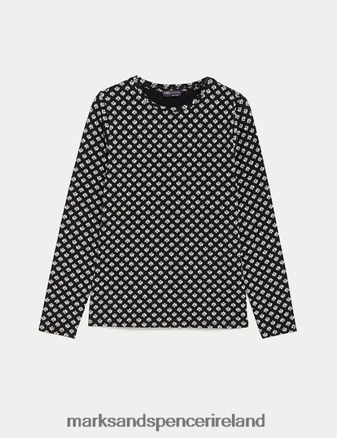 Marks & Spencer Women Cotton Rich Printed Slim Fit Top Black Mix Clothing 2VJ8DF2096