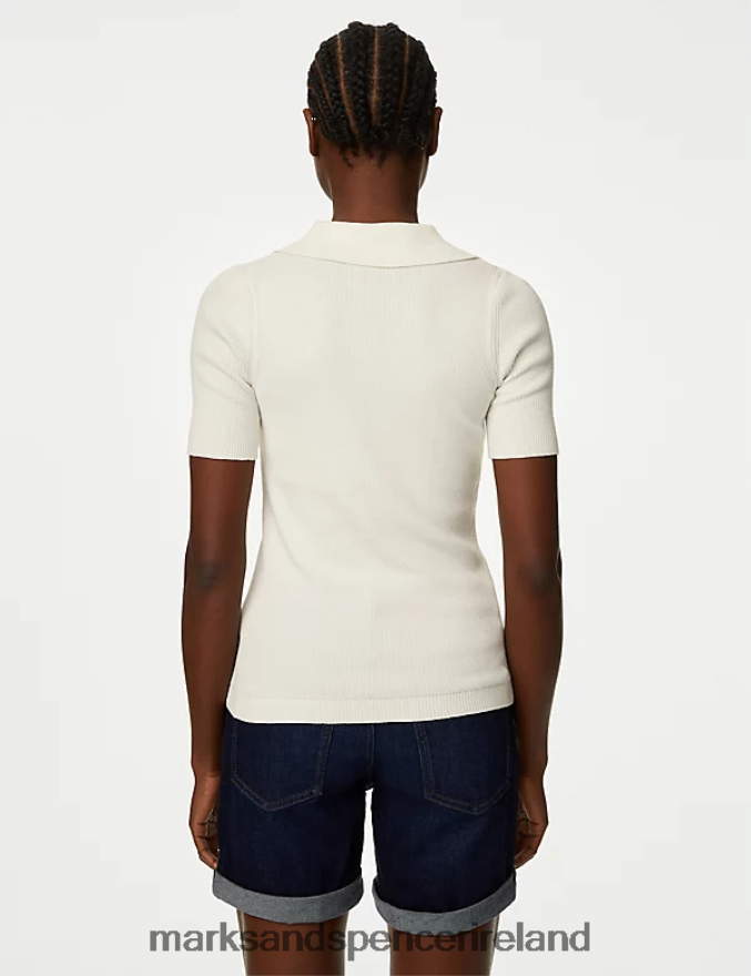 Marks & Spencer Women Cotton Rich Ribbed Collared Knitted Top Ivory Clothing 2VJ8DF1278