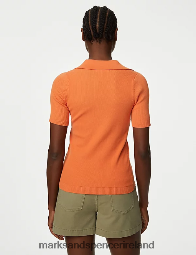 Marks & Spencer Women Cotton Rich Ribbed Collared Knitted Top Tangerine Clothing 2VJ8DF1277
