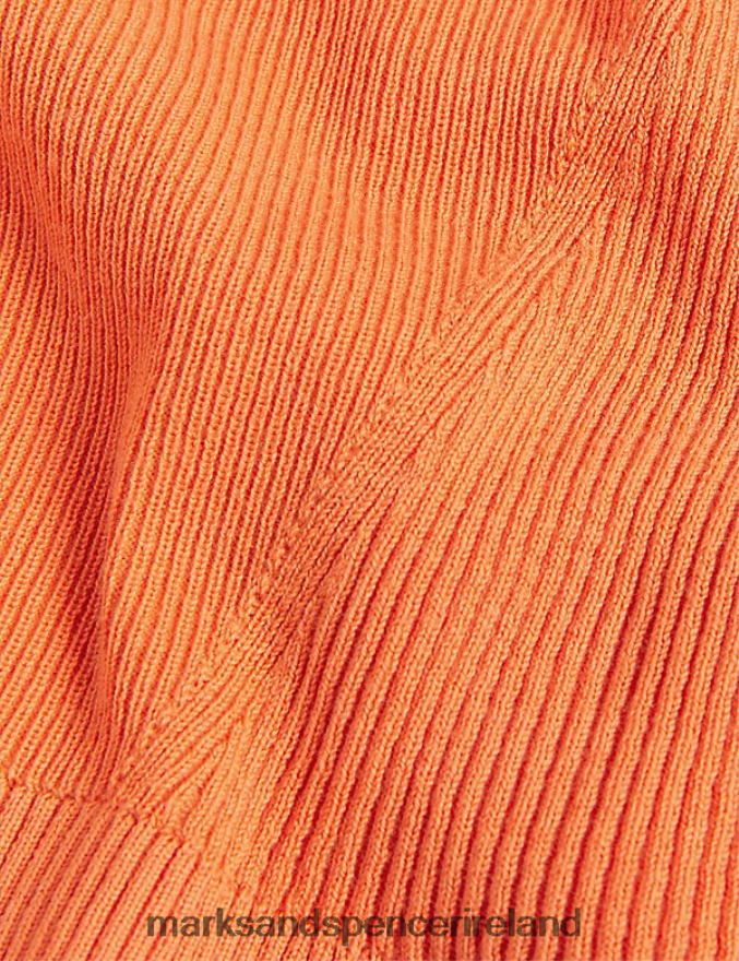Marks & Spencer Women Cotton Rich Ribbed Collared Knitted Top Tangerine Clothing 2VJ8DF1277