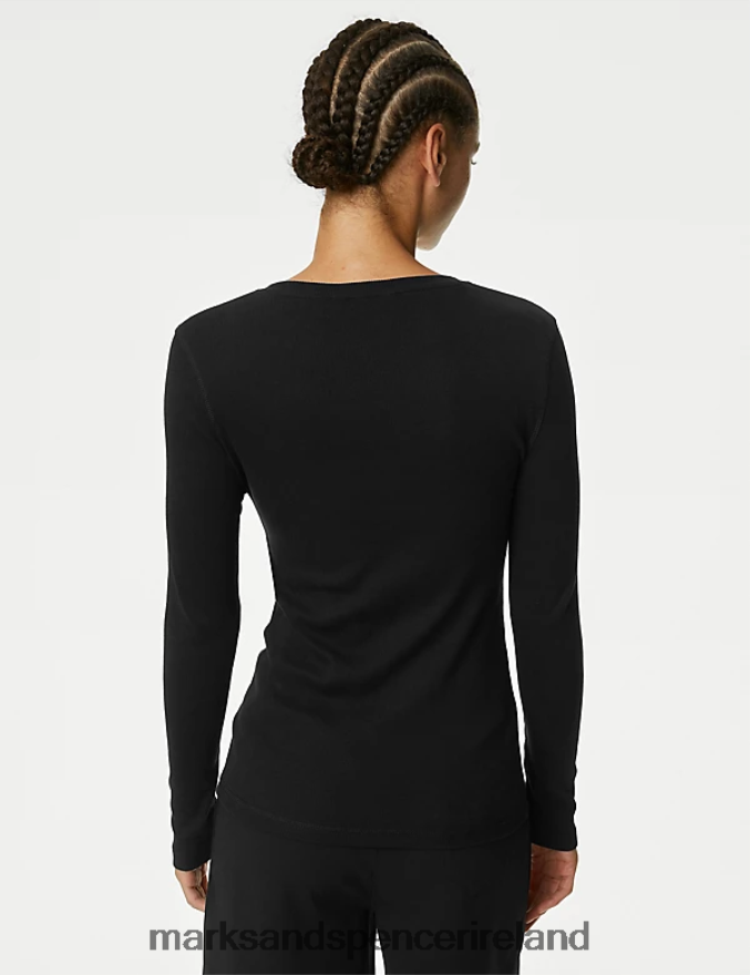 Marks & Spencer Women Cotton Rich Ribbed Top Black Clothing 2VJ8DF582