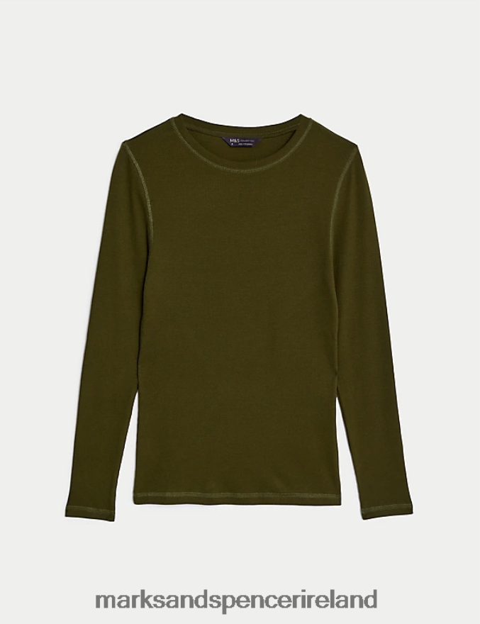 Marks & Spencer Women Cotton Rich Ribbed Top Dark Khaki Clothing 2VJ8DF258