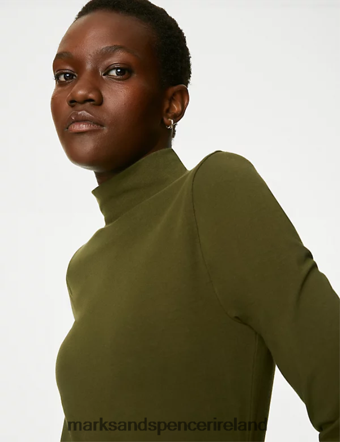 Marks & Spencer Women Cotton Rich Slim Fit Top Dark Khaki Clothing 2VJ8DF2491