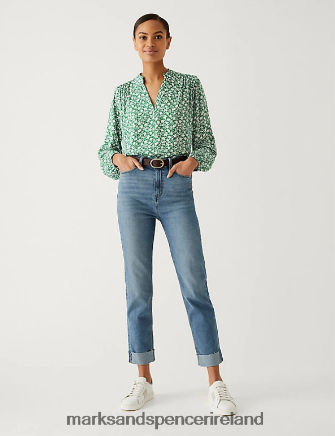 Marks & Spencer Women Floral V-Neck Popover Blouse Green Mix Clothing 2VJ8DF1040