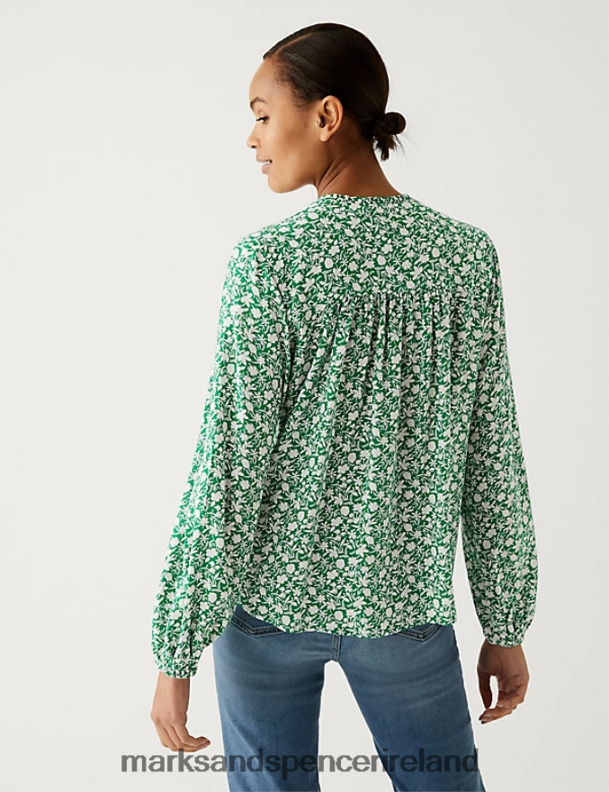 Marks & Spencer Women Floral V-Neck Popover Blouse Green Mix Clothing 2VJ8DF1040
