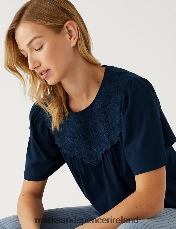 Marks & Spencer Women Jersey Embroidered Regular Fit Top Navy Clothing 2VJ8DF1796