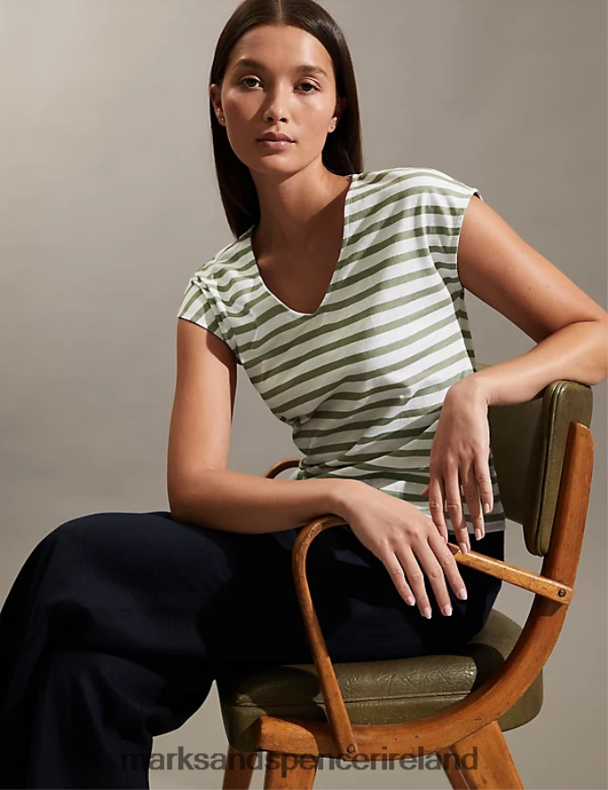 Marks & Spencer Women Jersey Striped Vest Top Khaki Clothing 2VJ8DF1484