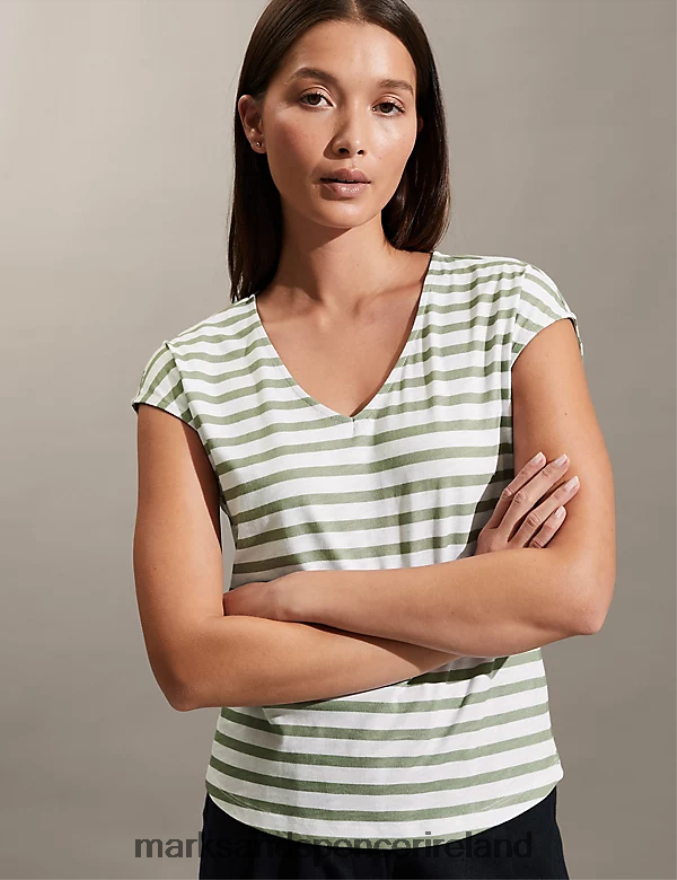 Marks & Spencer Women Jersey Striped Vest Top Khaki Clothing 2VJ8DF1484