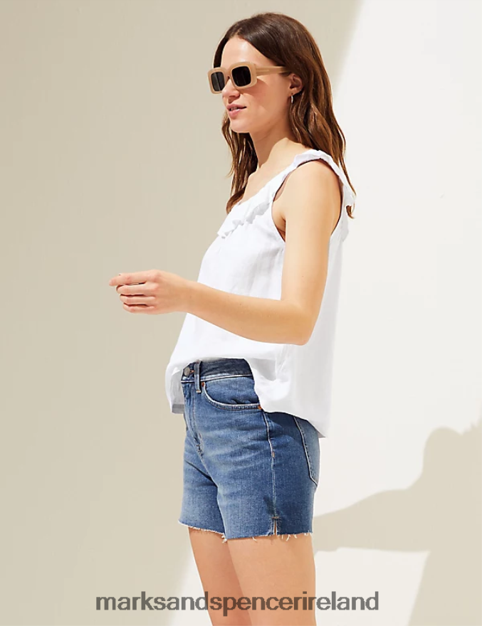 Marks & Spencer Women Linen Blend Ruffle Vest Top White Clothing 2VJ8DF1677