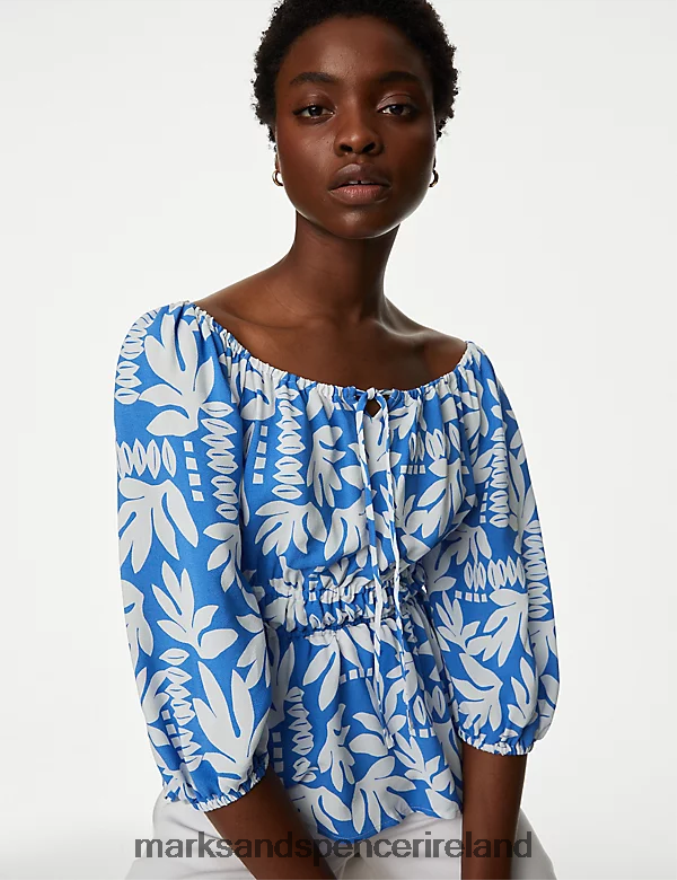 Marks & Spencer Women Printed Blouson Sleeve Peplum Top Blue Mix Clothing 2VJ8DF1125