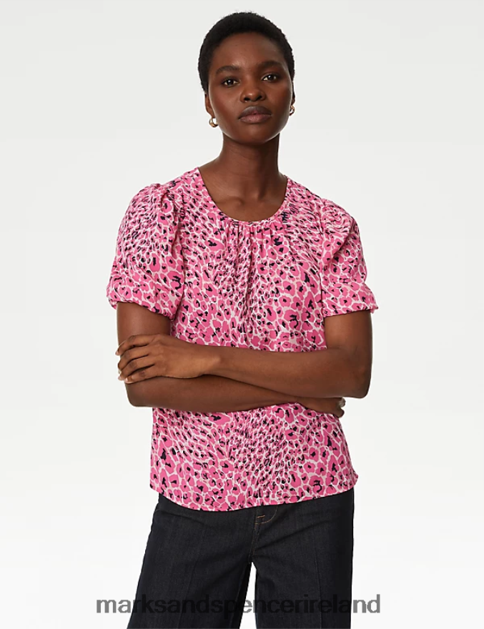 Marks & Spencer Women Printed Pleated Top Pink Mix Clothing 2VJ8DF437