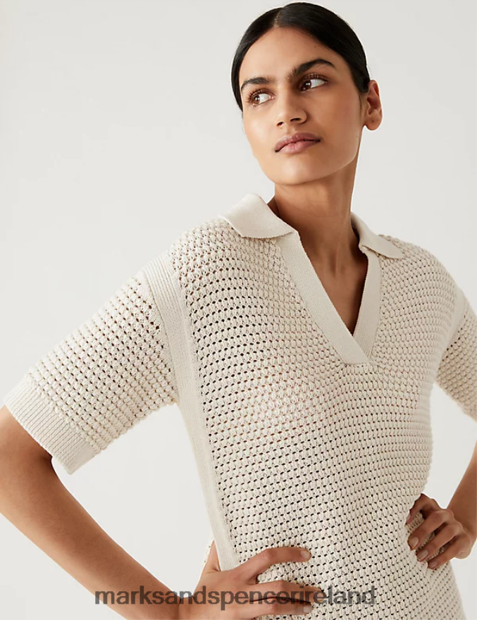 Marks & Spencer Women Pure Cotton Collared Knitted Top Ivory Clothing 2VJ8DF656