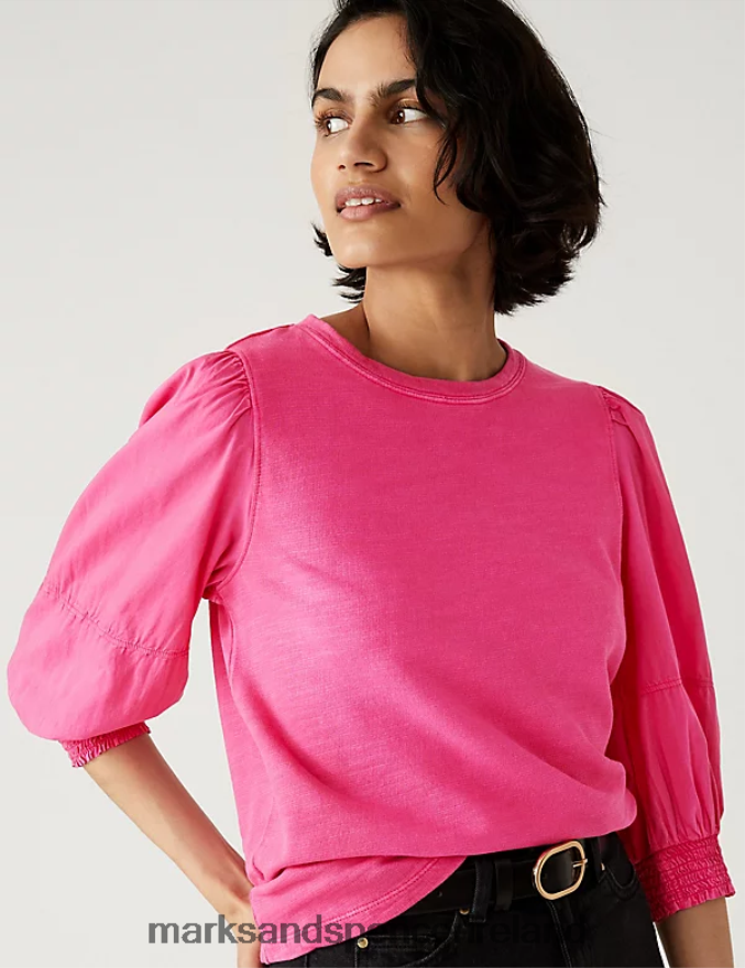 Marks & Spencer Women Pure Cotton Crew Neck Volume Sleeve Top Bright Pink Clothing 2VJ8DF654