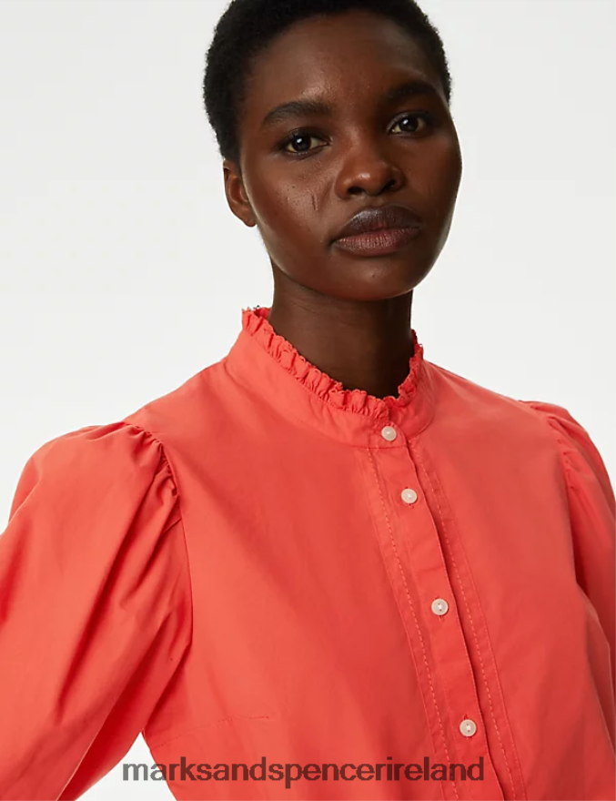 Marks & Spencer Women Pure Cotton Frill Detail Top Orange Clothing 2VJ8DF1028