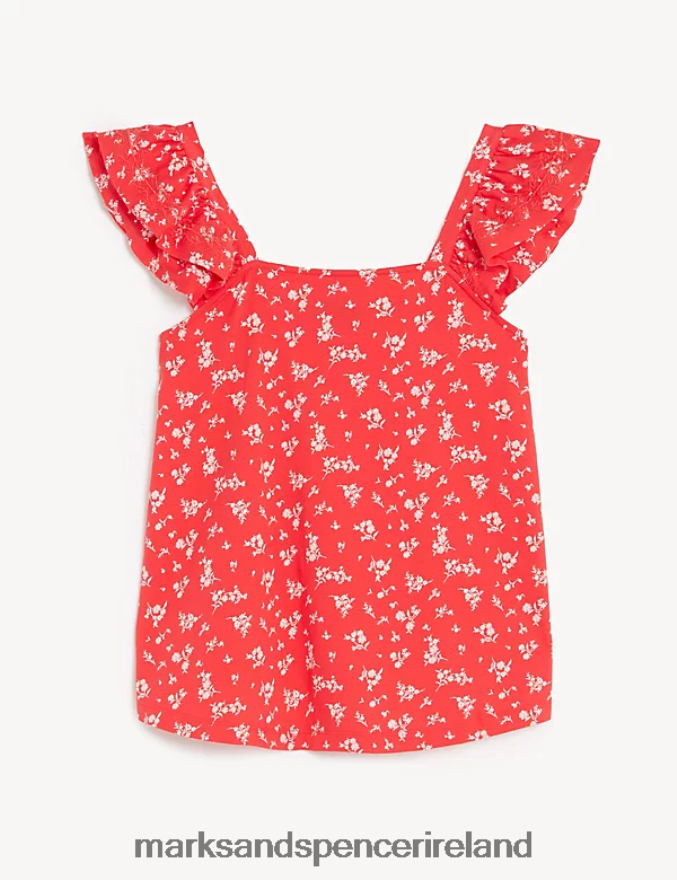 Marks & Spencer Women Pure Cotton Printed Ruffle Vest Red Mix Clothing 2VJ8DF2104