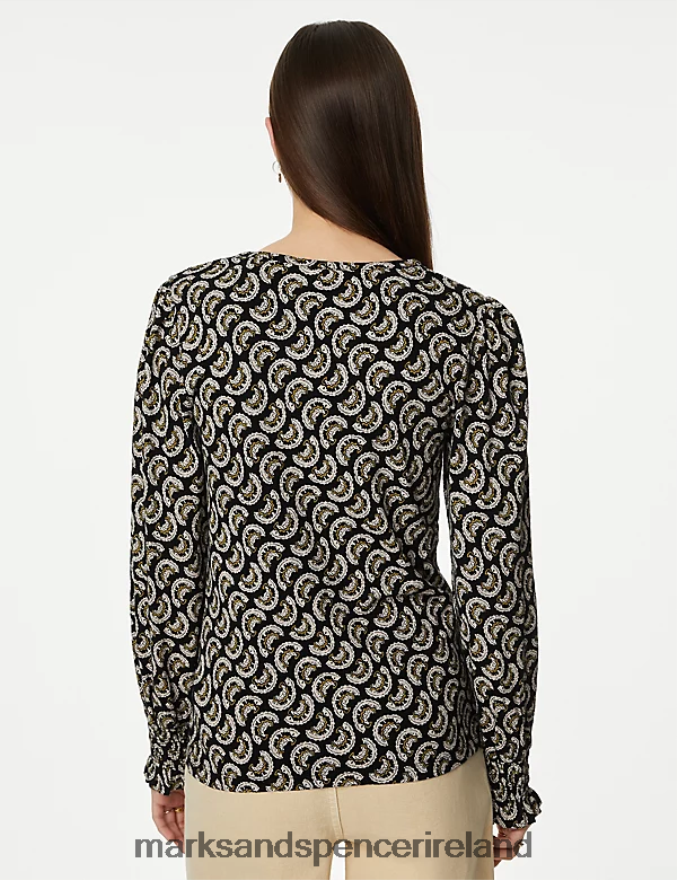 Marks & Spencer Women Pure Cotton Printed Shirred Puff Sleeve Top Black Mix Clothing 2VJ8DF1574