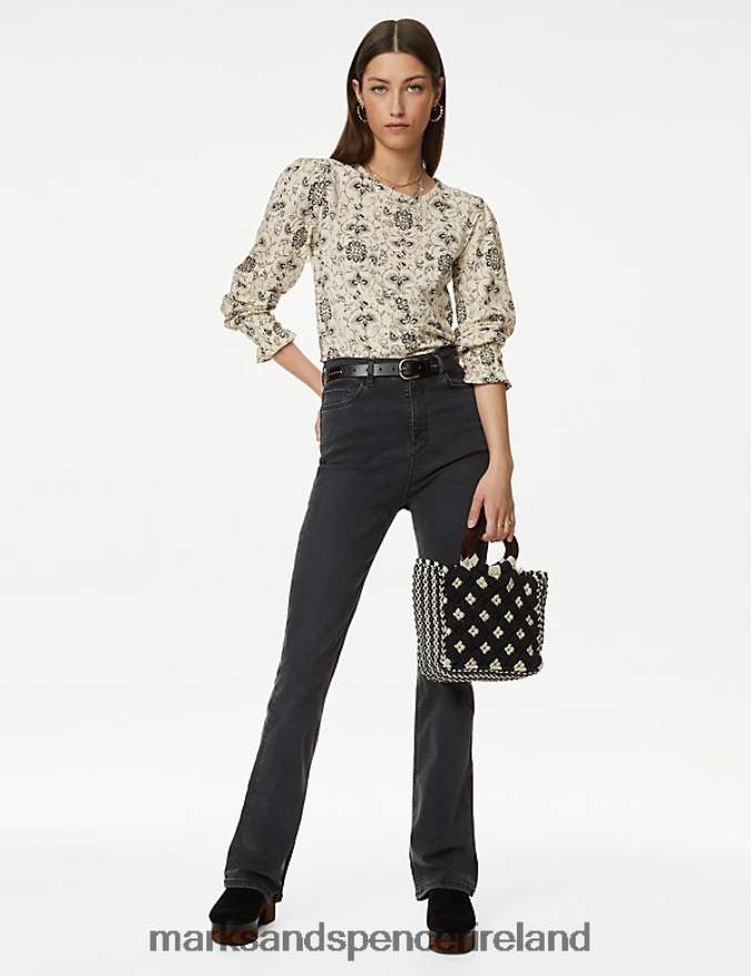 Marks & Spencer Women Pure Cotton Printed Shirred Puff Sleeve Top Ecru Mix Clothing 2VJ8DF1239