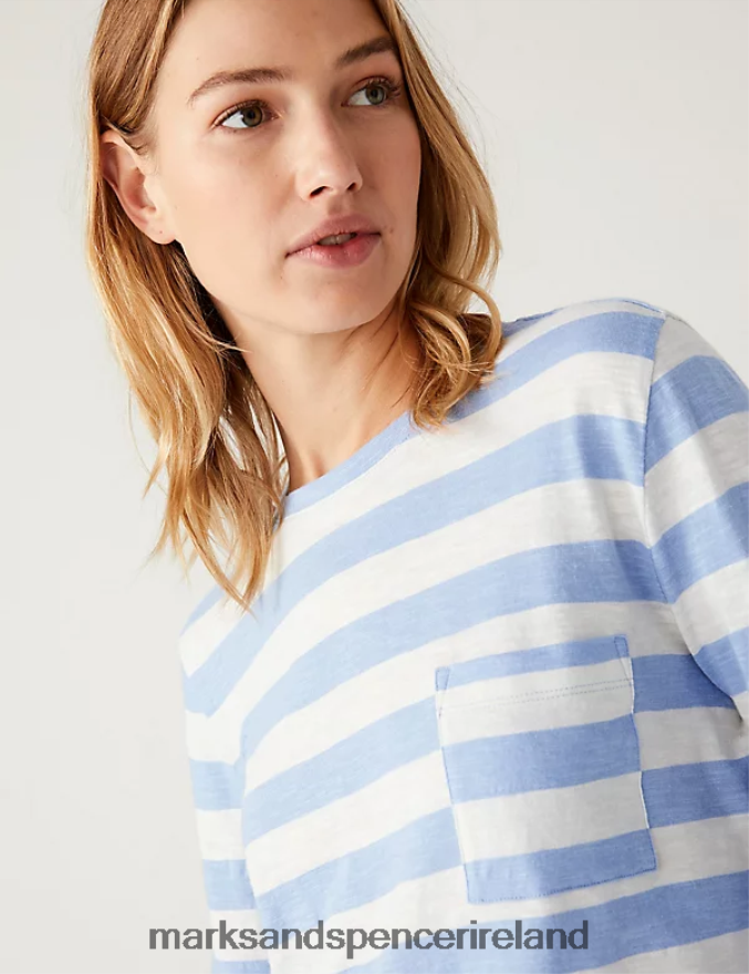 Marks & Spencer Women Pure Cotton Striped Crew Neck Top Light Blue Mix Clothing 2VJ8DF1415